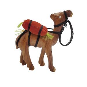 Wooden Camel Figurine Red Fabric Packs Hand Carved 4" High Vintage Toy Decor